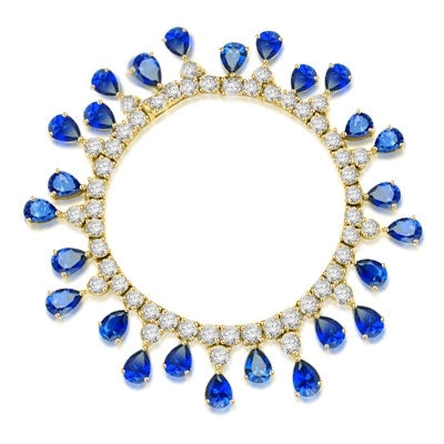 Diamond Essence dazzling Bracelet, 7.25" long. 1.0 Ct. each Sapphire Essence Stone dangling from Round Brilliant Diamond Essence stone. Appx. 50.0 Cts. T.W. set in 14K Solid Yellow Gold.