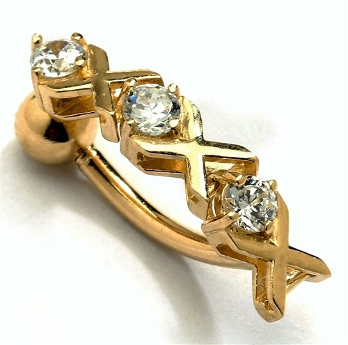 Diamond Essence 14K Solid Gold Belly Button Ring, with 0.45 Ct.T.W. Round Melee set between Gold Cross Bars.
