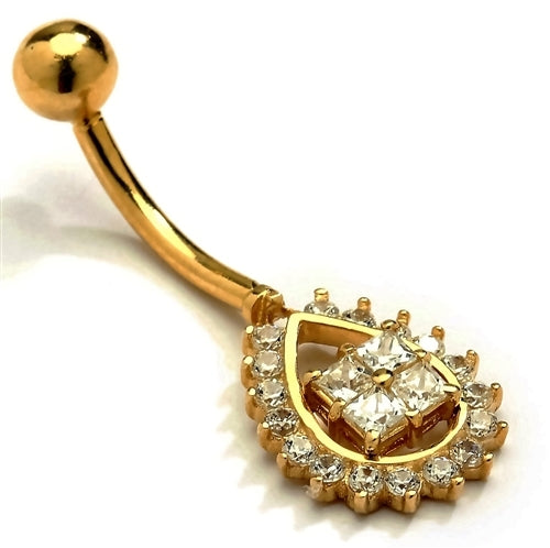 Diamond Essence Designer 14K Solid Gold Belly Button Ring with 0.50 Ct.T.W. Round Melee Set in Pear Shape And Screw on Gold Ball