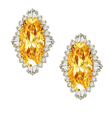 Diamond Essence Earrings in 14k Solid Yellow Gold with Diamond essence 9.0 cts. Canary stone in the center and encircled by round stones and a large spray of baguettes on all four sides. Wear it with confidence. Appx. 21.0 cts. t.w.