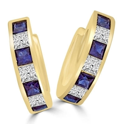 14K Solid Gold hoop Earring with alternate Diamond Essence and Sapphire Essence princess cut stones.