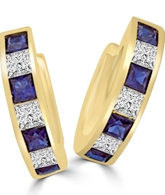 14K Solid Gold hoop Earring with alternate Diamond Essence and Sapphire Essence princess cut stones.