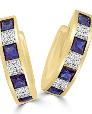 14K Solid Gold hoop Earring with alternate Diamond Essence and Sapphire Essence princess cut stones.