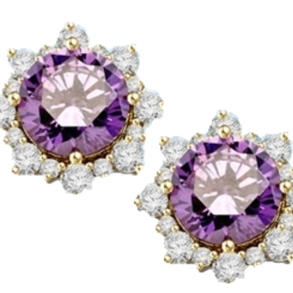 Designer Earrings with Round Amethyst Essence in center Surrounded by Round Brilliant Diamond Essence and Melee. 9.0 Cts. T.W. set in 14K solid Yellow Gold.