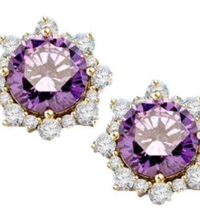 Designer Earrings with Round Amethyst Essence in center Surrounded by Round Brilliant Diamond Essence and Melee. 9.0 Cts. T.W. set in 14K solid Yellow Gold.