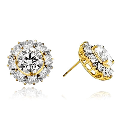 Designer Earrings With Round Brilliant Diamond essence in center surrounded by alternately set Princess and melee. 14.5 Cts T.W. set in 14K Solid Yellow Gold.