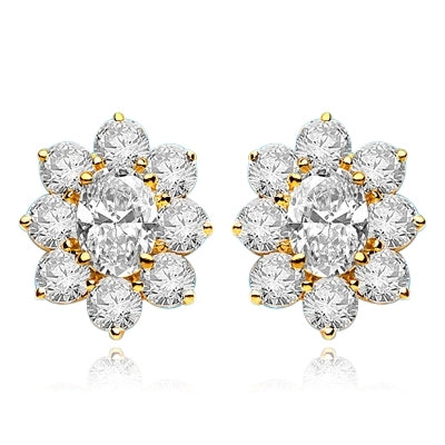 Flower Cluster - Each Earring with 1.0 Cts. Oval Center surrounded by Round Diamond Essence, 4.0 Cts. T.W. set in 14k Solid Yellow Gold.