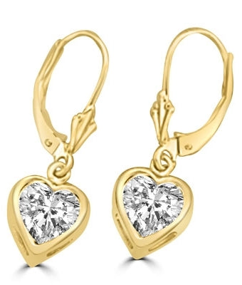Diamond Essence, Heart shape stone in bezel setting with leverback. 0.75 Cts. T.W. set in 14K Solid Yellow Gold.