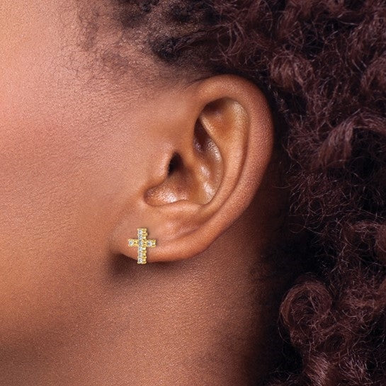 Cross Earrings with Round Brilliant Diamonds Set in 14K Solid Yellow Gold