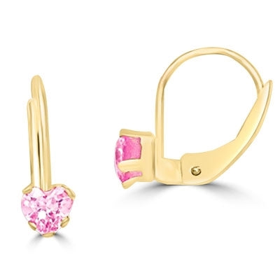 Leverback Earrings with Heart shaped Pink Essence set in five prong 14k Solid Yellow Gold setting, 0.5 Cts. T.W.