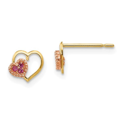 Children's Heart shape Earrings with Round cut Ruby Essence set in heart shape, 0.06 Cts. T.W. set in 14k Solid Yellow Gold.