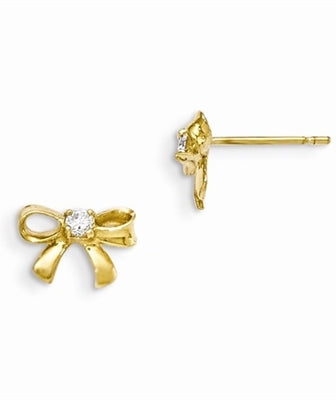 Bow Earrings with Round Brilliant Diamond Essence, 0.12 Cts. T.W. set in 14k Solid Yellow Gold, Perfect gift for little Princesses.