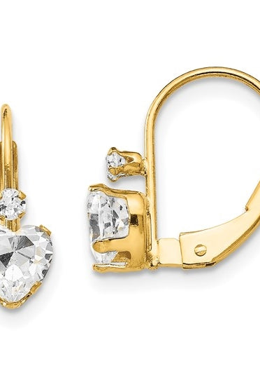 Leverback Gold Earrings with Heart and Round Stone