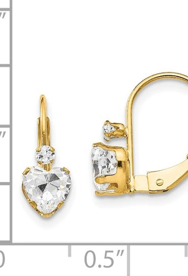 Leverback Gold Earrings with Heart and Round Stone