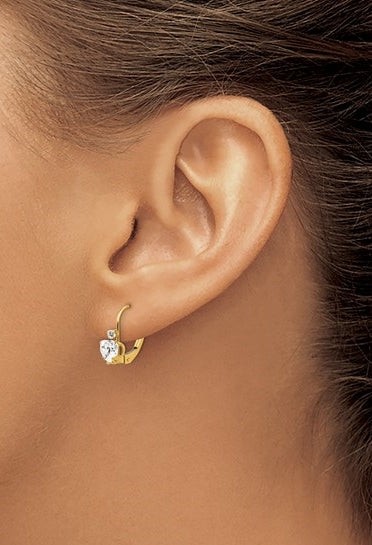Leverback Gold Earrings with Heart and Round Stone
