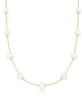 Diamond Essence 18 Inch Long Nine Station Necklace With 4.2mm Each Pearl in 14K Solid Yellow Gold Chain.