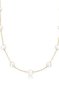 Diamond Essence 18 Inch Long Nine Station Necklace With 4.2mm Each Pearl in 14K Solid Yellow Gold Chain.
