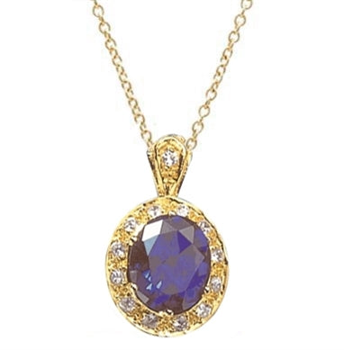 Oval 6.5 cts. Diamond Essence blue sapphire encircled by Diamond Essence gems makes an elegant pendant, 8 cts.t.w. in 14K Solid Gold.