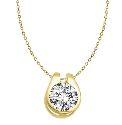 Diamond Essence 2.0 Cts. Round Brilliant Stone set in shell-like bezel setting of 14K Solid Gold, makes a delicate Slide Pendant.
Approx size of Pendant is 12.5 mm Length and 10 mm Width.
Free Vermeil Chain Included.