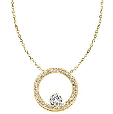 14K Solid Yellow Gold Circular Pendant. 0.50 Ct. Round Brilliant Diamond Essence balanced appealingly at the bottom of a circle made of Melee, 1.20 Cts.T.W.