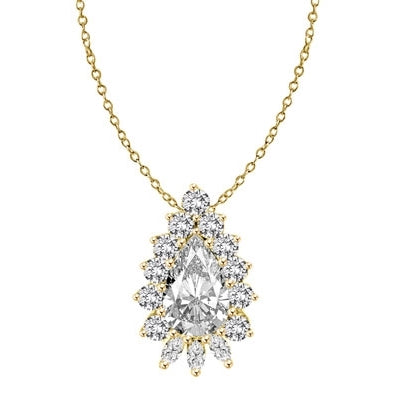 Clip Pearl Enhancer with 4 Ct. Pear Diamond Essence Center Enhanced by Round Brilliant And Marquise Cut Stones Forming 5.20 Cts. T.W. in 14K Solid Yellow Gold.