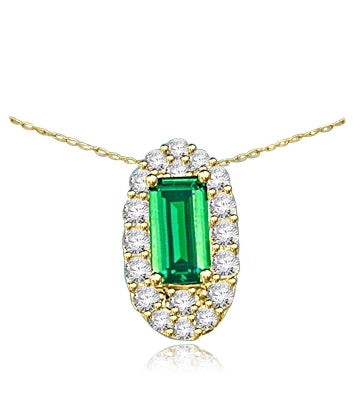 Emerald City Pendant with a 3.0 Cts. Emerald Cut Emerald Essence center surrounded by fiery Round Cut Diamond Essence Stones, 3.30 Cts. T.W. in 14K Solid Gold.
Free Silver Chain Included.