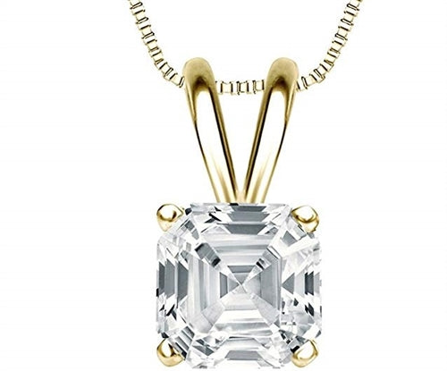 One carat Asscher Cut Diamond Essence stone set in 14K Solid Gold four prongs. Choice of 2,3 and 4 carat available.