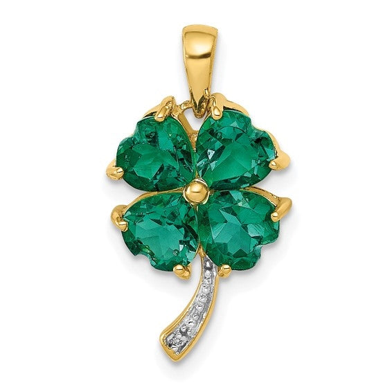 Prong Set Leaf Clover Pendant with Lab Created Emerald Heart and Diamonds Set iN 14K Solid Gold