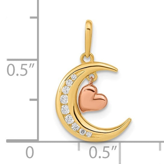 Tension Set Diamond Essence Round Melee in 14K Two Tone Heart and Moon Pendant