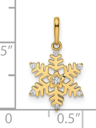 Beautiful Snow flake pendant with Round Brilliant Diamond Essence stones in prong setting. 0.50 Cts.t.w. in 14K Solid Yellow Gold.