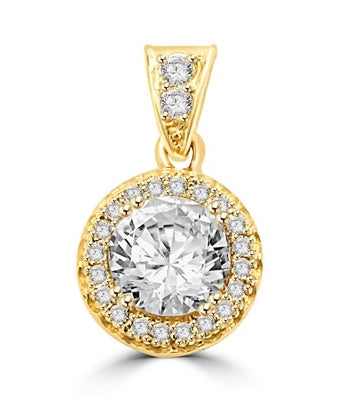 Pendant with Round Brilliant Diamond Essence in Center, surrounded by Melee 1.25 Cts T.W. set in 14K Solid Yellow Gold.