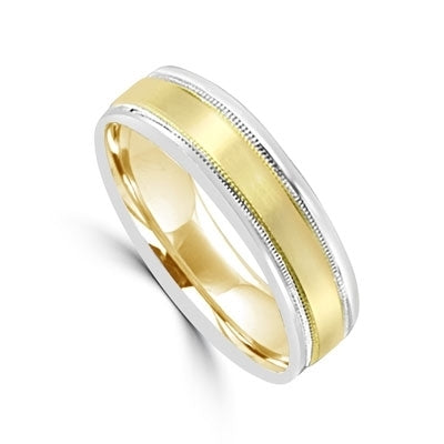 Smart 14K two-tone wide Gold Band with Yellow Gold in the center and White Gold on each side. Beautiful intricate filigree on the outside edges for even more beautiful music.