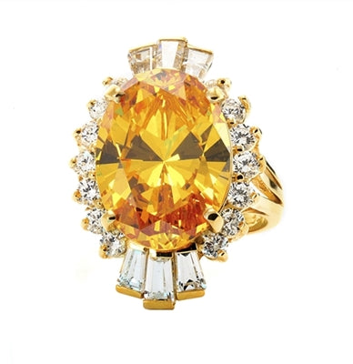 Diamond Essence Designer ring in 14K Solid Yellow Gold with 10 cts. Oval Canary center. Round Essence and Baguettes on either side, set in prong settings, makes it a classic cocktail ring. 13.0 cts.T.W.