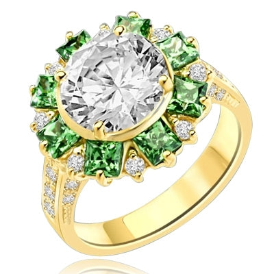 Classic Designer Ring with 3.0 Cts. Round Brilliant Diamond Essence Stone in the center, surrounded by 0.5 Ct. each, Green Princess cut stones and round stones. Round melee set on band, makes it more artistic. 9.50 Cts.T. W. set in 14K Solid Yellow Gold.