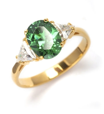 Stunning Ring, 2 Cts. T.W, with 1 Ct Oval Cut Emerald Center and White Trilliant Diamond Essence Stones on side, in 14K Solid Yellow Gold.