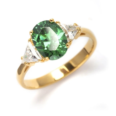 Stunning Ring, 2 Cts. T.W, with 1 Ct Oval Cut Emerald Center and White Trilliant Diamond Essence Stones on side, in 14K Solid Yellow Gold.