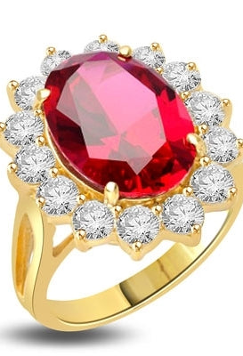 Princess Ring with 6.0 Cts. Oval cut Ruby Essence in center surrounded by 14 Round Brilliant Diamond Essence stones 6.5 Cts. T.W. set in 14K Solid Yellow Gold.