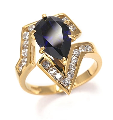 Lulu - Move Forward with this superb Ring, 2.0 carat pear cut Sapphire Essence Center Stone and Melee Accents. 3.0 Cts. T.W. set in 14K Solid Yellow Gold.