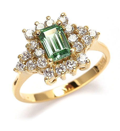 Green Eyes- Ring with Emerald Cut Emerald Essence in Center,and melee accents.set in 14K Solid Yellow Gold.