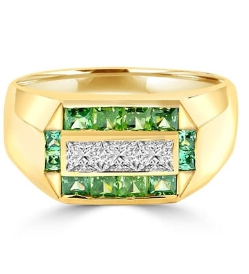 Man's Ring with 0.75 cts, Radiant Square Diamond Essence Center Stones surrounded by 1.0 cts. Princess Cut Emerald Essence, channel set in 14k Solid Yellow Gold.