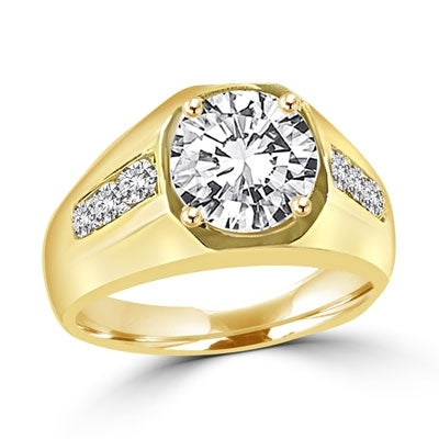 Impressive Ring for Men. 2.75 Cts. T.W with 2 Cts. Brilliant White Center and Channel Set accents squiring each side, in 14K Solid Gold.