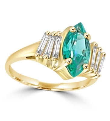 Erin - 1.5 Cts. Marquise-Cut Emerald Essence is shining bright in the center, accompanied by 3 Baguettes on each side. In 14k Solid Yellow Gold.