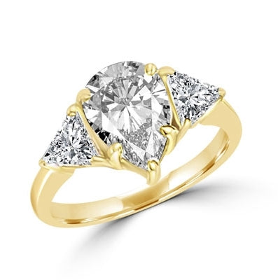 Duse - Ring with Pear Cut Center Stone flanked by Brilliant Trilliant Cut Diamond Essence accents, 3.0 Cts. T.W, in 14K Solid Gold.