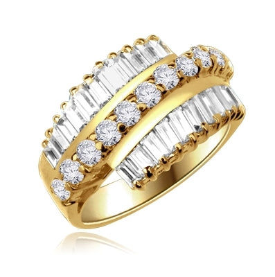Flourish - Brilliant Ring, 5 Cts. T.W, with Baguettes on two side bands surrounding a Melee of Round Diamond Essence Fireworks! In 14K Solid Gold.