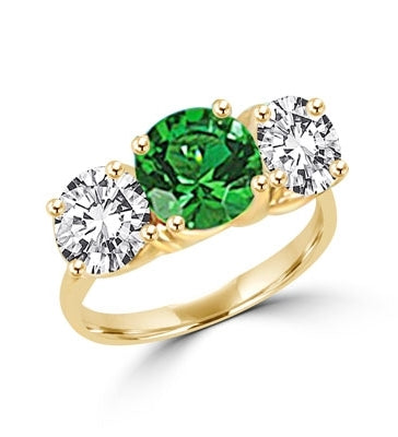 Ring round emerald stone, round brilliant side stones