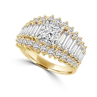 Ring emerald cut radiant center,baguettes,round radiating stones