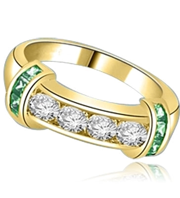 Brilliant channel-set Diamond Essence diamonds with a bar of Emerald Essence on either side. 1.35 cts. T.W. set in 14K Solid Yellow Gold.