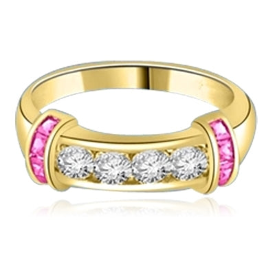 Brilliant channel-set Diamond Essence diamonds with a bar of Ruby Essence on either side. 1.35 cts. T.W. set in 14K Solid Yellow Gold.