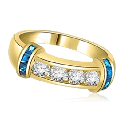 Brilliant channel-set Diamond Essence diamonds with a bar of Sapphire Essence on either side. 1.35 cts. T.W. set in 14K Solid Yellow Gold.