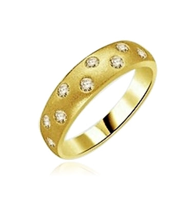 gold band-staggered round bazel set stones